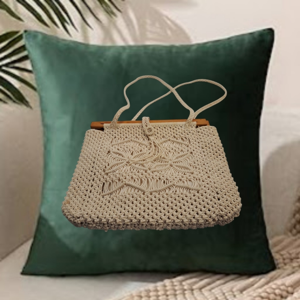 Purse Beige Macrame w/ Wood Accents Bag